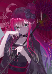 Rule 34 | 1girl, a10 (avxv8374), absurdres, baobhan sith (fate), black choker, chinese clothes, choker, baobhan sith (dream portrait) (fate), fate/grand order, fate (series), flower, grey eyes, hair flower, hair ornament, hand on own face, hanfu, highres, holding, holding umbrella, long hair, looking at viewer, nail polish, official alternate costume, oil-paper umbrella, open mouth, pink hair, pointy ears, red nails, sidelocks, smile, solo, teeth, umbrella, upper body, wide sleeves