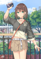 Rule 34 | 1girl, arm up, bag, belt, belt buckle, black choker, black shirt, blue sky, brown hair, brown shorts, buckle, building, cellphone, choker, closed mouth, collarbone, commentary request, day, ear piercing, earrings, fountain, green eyes, hair between eyes, highres, holding, holding phone, jewelry, long sleeves, looking at viewer, miko fly, original, outdoors, phone, piercing, railing, shirt, short shorts, shorts, shoulder bag, sky, skyscraper, smile, solo, tree, water, white belt