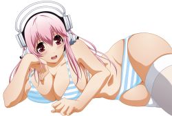 Rule 34 | 10s, 1girl, absurdres, bad id, blush, bra, breasts, cleavage, hand on own cheek, hand on own chest, hand on own face, headphones, highres, large breasts, long hair, looking at viewer, lying, navel, nitroplus, on side, open mouth, panties, pink hair, red eyes, skindentation, solo, soniani, striped bra, striped clothes, striped panties, super sonico, tamura masafumi, thighhighs, transparent background, underwear, underwear only, vector trace
