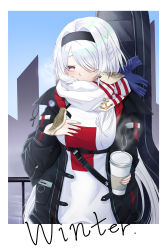 Rule 34 | 1girl, absurdres, animal, animal on shoulder, azur lane, bird, bird on hand, bird on shoulder, black jacket, blush, breasts, city, colorado (azur lane), colorado (traveling melody) (azur lane), commentary request, cup, day, disposable cup, english text, guitar case, hair intakes, hair over one eye, hairband, highres, instrument case, jacket, konparu uran, large breasts, official alternate costume, outdoors, pink eyes, scarf, scarf over mouth, solo, sparrow, steam, sweater, swept bangs, white hair, white sweater
