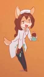 Rule 34 | 1girl, ancesra, animal ears, animal nose, black thighhighs, blush, body fur, borrowed character, braid, braided ponytail, breasts, brown hair, coat, deer ears, deer girl, deer tail, dirty, dirty clothes, doe (alfa995), erlenmeyer flask, eyewear on head, female focus, flask, full body, furry, furry female, goggles, hair tie, half-closed eyes, hand up, happy, holding, holding flask, hooves, lab coat, leaning forward, legs together, light blush, liquid, long hair, long sleeves, looking at viewer, motion lines, open mouth, orange background, orange eyes, orange fur, orange theme, original, scientist, sidelocks, sideways mouth, simple background, single braid, sketch, small breasts, smile, snout, solo, splatter, standing, tail, thighhighs, thighhighs pull, two-tone fur, white coat