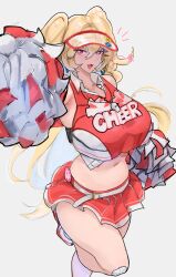 Rule 34 | :d, arm up, blonde hair, breasts, clay (nikke), crop top, goddess of victory: nikke, hair intakes, hair ornament, hairclip, huge breasts, long hair, looking at viewer, navel, open mouth, pink eyes, red shirt, red skirt, shirt, skirt, smile, standing, standing on one leg, thighs, twintails, two-tone shirt, two-tone skirt, uun (uundayo), visor cap, whistle, whistle around neck