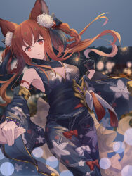 Rule 34 | 1girl, 1other, animal ears, anthuria, armpits, bare shoulders, black kimono, blush, bow, braided hair rings, breasts, brown eyes, brown hair, coffee1223, commentary request, curvy, detached sleeves, eyelashes, feet out of frame, festival, fireworks, floating hair, floral print, flower, granblue fantasy, hair between eyes, hair flower, hair ornament, highres, holding hands, japanese clothes, kimono, long hair, long sleeves, looking at viewer, medium breasts, night, outdoors, parted lips, red bow, sidelocks, sleeveless, sleeveless kimono, solo focus, standing, white flower, wide sleeves
