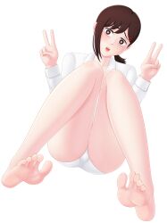 Rule 34 | 1girl, absurdres, alpha transparency, artist request, asymmetrical bangs, bare legs, barefoot, brown eyes, brown hair, chainsaw man, collarbone, collared shirt, double v, feet, female focus, foot focus, hair ornament, hairclip, higashiyama kobeni, highres, knees together feet apart, knees up, long sleeves, looking at viewer, mole, mole under eye, mole under mouth, open mouth, panties, paravet, ponytail, shirt, short hair, soles, solo, sweatdrop, thighs, toes, twitter username, underwear, v, white panties, white shirt
