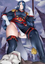 Rule 34 | 1boy, 1girl, absurdres, azuma fubuki, belt, black footwear, black jacket, black skirt, blue eyes, blue hair, boots, braid, breasts, cleavage, cleavage cutout, clothing cutout, contrapposto, dark-skinned male, dark blue hair, dark skin, defeat, elbow gloves, epaulettes, french braid, gloves, grin, hair over one eye, hair ribbon, highres, jacket, large breasts, long hair, long sleeves, looking at viewer, mato seihei no slave, panties, pantyshot, pelvic curtain, purple panties, red trim, revision, ribbon, skirt, smile, solo focus, standing on person, thigh boots, underwear, weapon, white gloves, yoshio (55level)