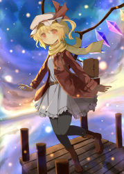 Rule 34 | 1girl, alternate costume, bag, belt, black pantyhose, blonde hair, boots, bunchou (bunchou3103), cloud, cloudy sky, flandre scarlet, full body, hat, hat ribbon, highres, jacket, jetty, mob cap, open clothes, open jacket, pantyhose, pier, red eyes, reflection, ribbon, scarf, shoulder bag, side ponytail, sky, smile, snowing, solo, sunset, touhou, white background, wings, winter, winter clothes