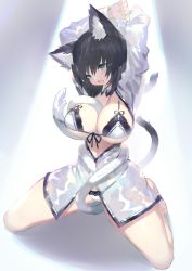 Rule 34 | 1girl, :o, animal ear fluff, animal ears, aqua eyes, arms up, black bra, black hair, black panties, bra, breasts, cat ears, cat tail, cleavage, highres, lace, lace-trimmed bra, lace trim, large breasts, long hair, looking at viewer, mamuru, open mouth, original, panties, seiza, sitting, solo, tail, thighs, underwear, white bra, white panties