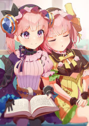 Rule 34 | 2girls, absurdres, applepie 1201, asymmetrical sleeves, atelier (series), atelier lydie &amp; suelle, belt, black gloves, book, breasts, closed eyes, closed mouth, commentary request, cowboy shot, gloves, hair ornament, hairband, highres, holding, holding book, long hair, long sleeves, lydie malen, medium breasts, multiple girls, neck ribbon, open book, own hands together, pink eyes, pink hair, puffy sleeves, ribbon, short hair, siblings, sideboob, sisters, sitting, sleeping, sleeping on person, sleeping upright, smile, suelle malen, twins, yellow ribbon