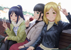 Rule 34 | 10s, 3girls, :d, :p, alternate costume, arm up, backlighting, bad id, bad pixiv id, bag, bench, black hair, black jacket, black legwear, blonde hair, blue hat, blunt bangs, blush, braid, brick wall, casual, commentary request, cross, cross necklace, crown braid, day, denim, eating, food, green eyes, green jacket, grey jacket, grey sweater, grin, hair ornament, hair rings, hairclip, hand on lap, hat, heart, heart hair ornament, high ponytail, holding, holding food, ice cream, ice cream cone, jacket, jeans, jewelry, kurosawa dia, leather, leather jacket, long hair, long skirt, long sleeves, looking at viewer, love live!, love live! school idol festival, love live! sunshine!!, matsuura kanan, medium hair, multiple girls, necklace, ohara mari, on bench, open clothes, open jacket, open mouth, outdoors, pants, pantyhose, papi (papiron100), parted bangs, pendant, purple eyes, red skirt, round teeth, scarf, seashell, shell, shell necklace, shirt, shoulder bag, sidelocks, signature, sitting, skirt, smile, striped clothes, striped shirt, sweater, tareme, teeth, tongue, tongue out, town, turtleneck, turtleneck sweater, upper body, v, white scarf, white shirt, wooden bench, zipper