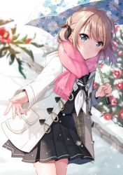 Rule 34 | 1girl, black ribbon, black sailor collar, black serafuku, black shirt, black skirt, blue eyes, blue umbrella, blurry, blurry background, brown hair, closed mouth, coat, commentary request, depth of field, floral print, flower, fringe trim, hair ribbon, highres, holding, holding umbrella, long sleeves, looking at viewer, neckerchief, nekozuki yuki, one side up, open clothes, open coat, original, pink scarf, pleated skirt, print umbrella, red flower, ribbon, sailor collar, scarf, school uniform, serafuku, shirt, skirt, sleeves past wrists, smile, snow, snowing, solo, umbrella, white coat, white neckerchief
