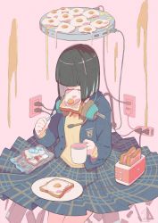 Rule 34 | 1girl, bag, black hair, book, bread, bread slice, commentary request, cup, eraser, food, food in mouth, fried egg, fried egg on toast, grease, green skirt, hair over eyes, headphones, headphones around neck, highres, holding, holding cup, holding toothbrush, medium hair, mouth hold, norikoi, original, pen, pink background, plaid, plaid skirt, plastic bag, plate, pleated skirt, plug, protractor, skirt, solo, toast, toast in mouth, toaster, toothbrush