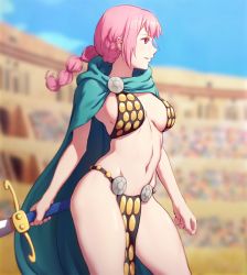 Rule 34 | 1girl, arena, armor, bikini armor, blurry, blurry background, braid, breasts, breasts apart, cape, day, dress, from side, gladiator, gloves, highres, holding, holding sword, holding weapon, large breasts, long hair, navel, one piece, pelvic curtain, pink eyes, pink hair, rebecca (one piece), solo focus, stadium, stomach, sword, weapon, zoryc