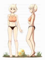 Rule 34 | 1girl, absurdres, ball, barefoot, beachball, bikini, blonde hair, bob cut, breasts, collarbone, commentary request, crossed arms, dirty, dirty feet, full body, highres, large breasts, looking at viewer, lycoris recoil, mismatched bikini, multiple views, navel, nishikigi chisato, red eyes, resolution mismatch, short hair, source smaller, standing, stomach, swimsuit, tbear, toes, white hair