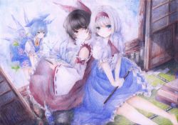 Rule 34 | 3girls, alice margatroid, alternate costume, back-to-back, barefoot, black hair, blonde hair, blue dress, blue eyes, blue hair, blue skirt, blush, book, book stack, bottle, bow, cirno, colored pencil (medium), darkkanan, detached sleeves, dress, dutch angle, expressionless, flower, frilled shirt, frills, from above, gohei, hair bow, hair tubes, hairband, hakurei reimu, hands on lap, highres, indoors, lolita hairband, looking at viewer, looking back, morning glory, multiple girls, open book, outstretched leg, own hands together, painting (medium), pastel (medium), puffy short sleeves, puffy sleeves, red eyes, ribbon-trimmed sleeves, ribbon trim, shirt, short hair, short sleeves, sitting, skirt, skirt set, sliding doors, sunflower, tatami, touhou, traditional media, watercolor (medium), white shirt, wings