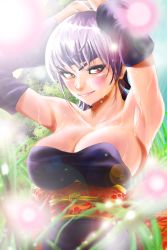 Rule 34 | 1girl, armpits, ayane (doa), bad id, bad pixiv id, bare shoulders, breasts, chemical dragon, cleavage, dead or alive, detached sleeves, eyeliner, headband, highres, impossible clothes, large breasts, lens flare, lens flare abuse, lips, lipstick, makeup, ninja, no bra, obi, purple hair, red eyes, sash, short hair, smile, solo, strapless, wet