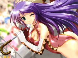 Rule 34 | 1girl, aoi sora no neosphere, aqua eyes, ass, breasts, cleavage, cleavage cutout, clothing cutout, elbow gloves, fawly, fawly (aoi umi no tristia), gloves, green eyes, highres, komatsu eiji, large breasts, purple hair, race queen, solo, wink