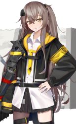 Rule 34 | 1girl, :o, absurdres, black jacket, black skirt, black thighhighs, breasts, brown eyes, brown hair, feet out of frame, girls&#039; frontline, hair ornament, hairclip, hand on own hip, highres, jacket, kotoha (kotoha65), long hair, long sleeves, looking at viewer, mechanical arms, mod3 (girls&#039; frontline), necktie, open clothes, open jacket, open mouth, scar, scar across eye, shirt, side ponytail, simple background, single mechanical arm, single thighhigh, skirt, small breasts, solo, standing, thighhighs, ump45 (girls&#039; frontline), ump45 (mod3) (girls&#039; frontline), white shirt, yellow necktie