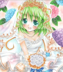 Rule 34 | 1girl, alternate costume, bouquet, bow, breasts, bridal veil, cleavage, daiyousei, dress, eyelashes, fairy wings, female focus, floral background, flower, gloves, green eyes, green hair, hydrangea, jewelry, leaf, looking at viewer, matching hair/eyes, mizame, necklace, open mouth, pink background, rose, shikishi, short hair, smile, solo, tears, teeth, touhou, traditional media, veil, wedding dress, white flower, white rose, wings, wreath