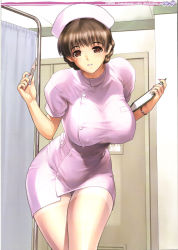 Rule 34 | 1girl, breasts, brown eyes, brown hair, curvy, digital thermometer, hat, iruma kamiri, large breasts, nurse, nurse cap, shirt, short hair, smile, solo, taut clothes, taut shirt, thermometer, thighhighs, white thighhighs