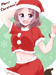 Rule 34 | 1girl, blush, bracelet, breasts, christmas, female focus, hand on own head, hat, jewelry, medium breasts, merry christmas, midriff, miniskirt, navel, new game!, open mouth, purple eyes, red hat, red skirt, santa costume, santa hat, skirt, smile, solo, tooyama rin, yuuki (yunky373)