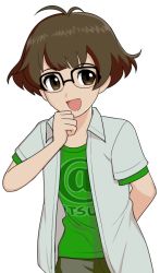 Rule 34 | 00s, akizuki ryo, antenna hair, brown eyes, brown hair, glasses, idolmaster, idolmaster dearly stars, male focus, non-web source, open clothes, open mouth, open shirt, shirt, short hair, solo, transparent background, trap