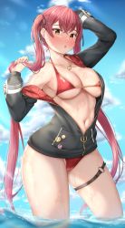 Rule 34 | 1girl, :o, absurdres, arm up, bikini, black jacket, blush, breasts, cleavage, collarbone, cowboy shot, crossed bangs, earrings, hair ornament, hairclip, heart, heart necklace, heterochromia, highres, holding, holding own hair, hololive, houshou marine, houshou marine (summer), in water, jacket, jewelry, large breasts, lomocya, long hair, long sleeves, navel, necklace, o-ring, o-ring thigh strap, outdoors, parted lips, partially unzipped, red bikini, red eyes, red hair, solo, standing, swimsuit, thigh strap, thighs, twintails, underboob, virtual youtuber, wading, water, wet, yellow eyes