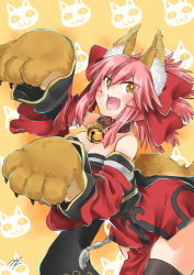 Rule 34 | 1girl, absurdres, animal ear fluff, animal ears, animal hands, bare shoulders, bell, black thighhighs, blush stickers, breasts, cat paws, cleavage, collar, fangs, fate/grand order, fate (series), fox ears, fox tail, gloves, hair ribbon, highres, japanese clothes, jingle bell, large breasts, long hair, neck bell, open mouth, paw gloves, paw pose, pink hair, ponytail, red ribbon, ribbon, solo, tahira ureka, tail, tamamo (fate), tamamo cat (fate), tamamo cat (first ascension) (fate), thighhighs