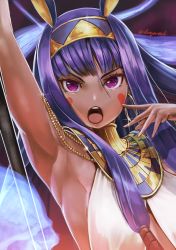 Rule 34 | 1girl, abazu-red, animal ears, arm up, armpits, blunt bangs, commentary request, dark-skinned female, dark skin, earrings, facepaint, fate/grand order, fate (series), glint, hairband, hoop earrings, jackal ears, jewelry, long hair, looking at viewer, nitocris (fate), open mouth, purple eyes, skull, sleeveless, solo, staff, twitter username, two-tone hairband, v-shaped eyebrows, very long hair