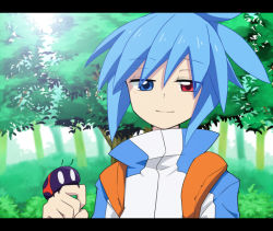 Rule 34 | 1boy, blue eyes, blue hair, bug, closed mouth, heterochromia, insect, komeichou-69, ladybug, letterboxed, looking at viewer, male focus, puyopuyo, red eyes, short hair, sig (puyopuyo), smile, solo, upper body