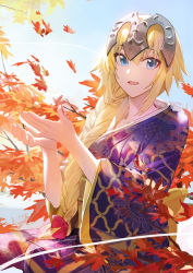 Rule 34 | 1girl, autumn, blonde hair, blue eyes, blue sky, braid, braided ponytail, breasts, fate/grand order, fate (series), headpiece, japanese clothes, jeanne d&#039;arc (fate), jeanne d&#039;arc (ruler) (fate), kimono, leaf, modare, multicolored clothes, multicolored kimono, purple kimono, sidelocks, sky, smile