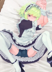 Rule 34 | 1boy, absurdres, angry, apron, ascot, bdsm, bed sheet, black footwear, blue panties, bondage, bound, bound wrists, bulge, closed mouth, colored eyelashes, crossdressing, frills, green hair, high heels, highres, knees up, lio fotia, lying, maid, maid apron, maid headdress, male focus, on back, on bed, one eye closed, panties, promare, puffy short sleeves, puffy sleeves, purple eyes, restrained, short hair, short sleeves, solo, thighhighs, trap, underwear, white apron, white ascot, white thighhighs, yui ri ka