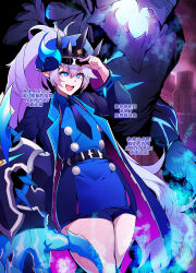 bad_tag black_jacket crown demon demon_girl demon_horns elsword female_focus gauntlets gloves hand_on-headwear horns jacket long_hair long_sleeves luciela_r._sourcream necktie open_mouth restart smile star-shaped_pupils star_(symbol) symbol-shaped_pupils timoria_(elsword) white_hair