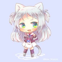Rule 34 | 1girl, :d, animal ear fluff, animal ears, azur lane, black gloves, black shirt, black thighhighs, blue background, blush, cat ears, cat girl, cat tail, chibi, dress, elbow gloves, fingerless gloves, full body, gloves, green eyes, grey footwear, kou hiyoyo, long hair, looking at viewer, lowres, open mouth, parted bangs, shirt, silver hair, simple background, sims (azur lane), sleeveless, sleeveless shirt, smile, solo, standing, tail, thighhighs, twitter username, two side up, very long hair, white dress, wrist cuffs