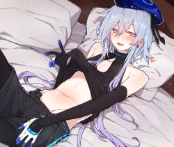 Rule 34 | 1boy, arknights, azuma shino, bed, beret, black gloves, black shirt, black shorts, blue hair, blue hat, blush, clothes lift, collarbone, earrings, elbow gloves, gloves, gradient hair, hair between eyes, hat, heart, highres, jewelry, light blue hair, long hair, looking at viewer, lying, mizuki (arknights), multicolored hair, navel, on back, on bed, open mouth, pillow, pink eyes, purple hair, shirt, shirt lift, shorts, sidelocks, solo