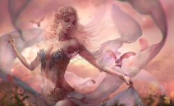 Rule 34 | 1girl, animal, armpits, artist logo, artist name, bangle, bare shoulders, bat wings, bird, blonde hair, blurry, bracelet, breasts, center opening, chromatic aberration, cleavage, closed eyes, cloud, commentary, dancing, day, english commentary, fantasy, hair ornament, highres, jewelry, lace trim, lips, long hair, magic, medium breasts, navel, navel piercing, original, outdoors, outstretched arms, parted bangs, parted hair, piercing, pointy ears, revealing clothes, sky, solo, wei chang, wings