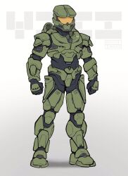 Rule 34 | 1boy, aperture science handheld portal device, armor, assault visor, bentodraws, black gloves, clenched hands, english text, full body, gloves, grey background, halo (series), halo infinite, helmet, highres, male focus, master chief, power armor, spartan (halo), standing
