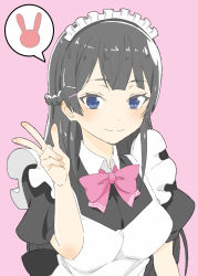 Rule 34 | 1girl, absurdres, bad id, bad twitter id, black dress, black hair, blue eyes, bow, bowtie, braid, collared shirt, donguri suzume, dress, hair ornament, hairclip, hand up, highres, long hair, looking at viewer, maid, maid headdress, nijisanji, pink background, pink bow, pink bowtie, puffy short sleeves, puffy sleeves, shirt, short sleeves, simple background, smile, solo, speech bubble, tsukino mito, virtual youtuber, w, wing collar