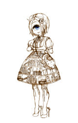 Rule 34 | 1girl, amputee, bag, bare legs, blue eyes, book, bow, cyclops, dress, eyeball, frog, hair ornament, hantoumei namako, high heels, highres, monochrome, no arms, one-eyed, parted bangs, shoes, short hair, shoulder bag, simple background, smile, solo, white background