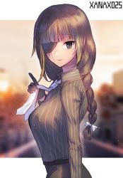 Rule 34 | 1girl, artist name, assault rifle, bad id, bad pixiv id, belt, black eyes, blue neckwear, blurry, blurry background, braid, breasts, brown hair, commentary, eyepatch, girls&#039; frontline, gun, hair tie, highres, holding neckware, large breasts, long hair, looking at viewer, m16, m16a1 (girls&#039; frontline), mole, mole under eye, rifle, saku t, shirt, solo, striped clothes, striped shirt, upper body, vertical-striped clothes, vertical-striped shirt, weapon, xanax025