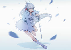 Rule 34 | 1girl, boots, dress, holding sword, jewelry, koyorin, looking at viewer, nail polish, necklace, ponytail, rapier, rwby, short dress, grey eyes, silver hair, solo, sword, weapon, weiss schnee, white dress, white footwear