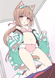 Rule 34 | 1girl, animal ear fluff, animal ears, bad id, bad twitter id, bare shoulders, between legs, blush, bow, bow bra, bow panties, bra, breasts, brown eyes, brown hair, cat ears, cat girl, cat tail, collarbone, commentary request, dutch angle, fingernails, flat color, floral print, green bow, green kimono, hair bow, highres, idolmaster, idolmaster cinderella girls, inactive account, japanese clothes, kemonomimi mode, kimono, kneeling, long hair, long sleeves, looking at viewer, low ponytail, navel, no shoes, off shoulder, open clothes, open kimono, panties, parted lips, pink bra, pink panties, ponytail, print kimono, sakuraba hikaru (loveindog), sidelocks, sleeves past wrists, small breasts, socks, solo, striped bow, striped clothes, striped kimono, tail, tail between legs, underwear, unfinished, vertical-striped clothes, vertical-striped kimono, very long hair, white socks, yorita yoshino