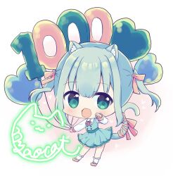 Rule 34 | 1girl, animal ear fluff, animal ears, aqua dress, balloon, blue hair, blush, cat ears, cat tail, character name, chibi, collared shirt, commentary request, dress, green eyes, hair between eyes, hair ribbon, heart balloon, highres, hyogayome (artist), indie virtual youtuber, light blue hair, long sleeves, milestone celebration, neck ribbon, number balloon, nyao cat, open mouth, paw pose, pinafore dress, pink footwear, pink ribbon, raised eyebrows, ribbon, shirt, sidelocks, sleeveless, sleeveless dress, socks, tail, tail ornament, tail ribbon, two side up, virtual youtuber, white shirt, white socks, wing collar