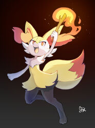 1girl animal_ear_fluff animal_ears animal_nose arm_up black_background black_fur braixen burning creatures_(company) digitigrade fang fire fox_ears fox_tail full_body furry furry_female game_freak gen_6_pokemon gradient_background grey_background highres holding holding_stick looking_ahead midair multicolored_fur nintendo open_mouth orange_eyes outstretched_arms pokemon red_fur red_nose sesamin_(sesamin_333) signature simple_background skin_fang slit_pupils smile snout solo stick tail tsurime two-tone_background white_fur yellow_fur