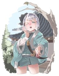 Rule 34 | 1girl, adapted costume, alternate costume, breath, green eyes, hairband, highres, katana, konpaku youmu, long sleeves, looking at viewer, miniskirt, one eye closed, open mouth, reiga (act000), ribbon, shirt, short hair, silver hair, skirt, solo, sword, touhou, vest, weapon, wide sleeves, yawning