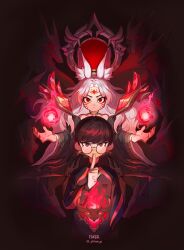 Rule 34 | 1boy, 1girl, ahri (league of legends), animal ear fluff, animal ears, artist name, black hair, closed mouth, detached sleeves, facial mark, faker (gamer), finger to mouth, fingernails, forehead mark, fox ears, fox tail, glasses, hair between eyes, highres, immortalized legend ahri, league of legends, long hair, looking at viewer, nail polish, official alternate costume, official alternate hairstyle, parted bangs, red eyes, red nails, serious, sharp fingernails, short hair, sidelocks, smile, tail, tinum (platinum pp), upper body, whisker markings, white hair, wide sleeves