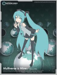 Rule 34 | 1girl, aqua eyes, aqua hair, aqua necktie, artist logo, black footwear, black skirt, black sleeves, boots, collared shirt, dated, detached sleeves, digiral, earth (planet), english text, green background, grey shirt, grid background, hair ornament, hand up, hatsune miku, heart, highres, index finger raised, leaning forward, logo parody, long hair, long sleeves, looking at viewer, miniskirt, necktie, number tattoo, planet, pleated skirt, portal, portal (series), portal 2, shirt, shoulder tattoo, sidelocks, skirt, sleeveless, sleeveless shirt, smile, solo, spring onion, tattoo, thigh boots, thighhighs, twintails, very long hair, vocaloid, wide sleeves, zettai ryouiki
