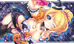 Rule 34 | 10s, 1girl, ;q, ayase eli, bad id, bad pixiv id, bat wings, black thighhighs, blonde hair, blue eyes, blush, breasts, candy, cleavage, food, garter straps, halloween, hat, jack-o&#039;-lantern, large breasts, looking at viewer, love live!, love live! school idol festival, love live! school idol project, one eye closed, ponytail, short hair, solo, thighhighs, tongue, tongue out, vashaps2, wings, witch hat