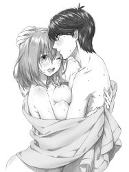 1boy 1girl blush breast_press breasts covering_privates go-toubun_no_hanayome greyscale hand_on_another&#039;s_head hetero highres holding holding_towel hug large_breasts looking_at_another monochrome nakano_yotsuba nude nude_cover one_eye_closed open_mouth profile short_hair simple_background towel uesugi_fuutarou wet white_background yu_(flowerbird3830)