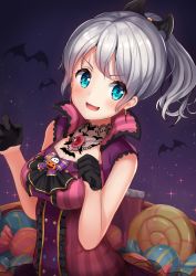 Rule 34 | 1girl, :d, aqua eyes, ascot, bang dream!, bat (animal), bat hair ornament, black ascot, black gloves, blush, breasts, brooch, buttons, candy, center frills, clenched hands, detached collar, dress, earrings, fang, food, frills, ghost, gloves, hair ornament, half gloves, halloween, halloween costume, hands up, high collar, jack-o&#039;-lantern, jewelry, manda (manda9n), medium breasts, multicolored buttons, open mouth, ponytail, see-through, sleeveless, sleeveless dress, smile, solo, striped clothes, striped dress, upper body, v-shaped eyebrows, vertical-striped clothes, vertical-striped dress, wakamiya eve, white hair