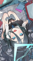 Rule 34 | 1girl, absurdres, aris (blue archive), barefoot, black hair, black headband, black skirt, blue archive, blue necktie, blush, breasts, chanism!, commentary request, controller, cushion, from above, full body, game controller, green eyes, hair between eyes, halo, headband, highres, holding, holding controller, holding game controller, indoors, long bangs, long hair, long sleeves, looking at viewer, looking up, miniskirt, necktie, open mouth, seiza, shirt, signature, sitting, skirt, small breasts, solo, upside-down, very long hair, white shirt, zabuton